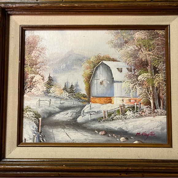 Vintage Winter Barn Landscape Painting, 12x14 - Picture 7 of 8